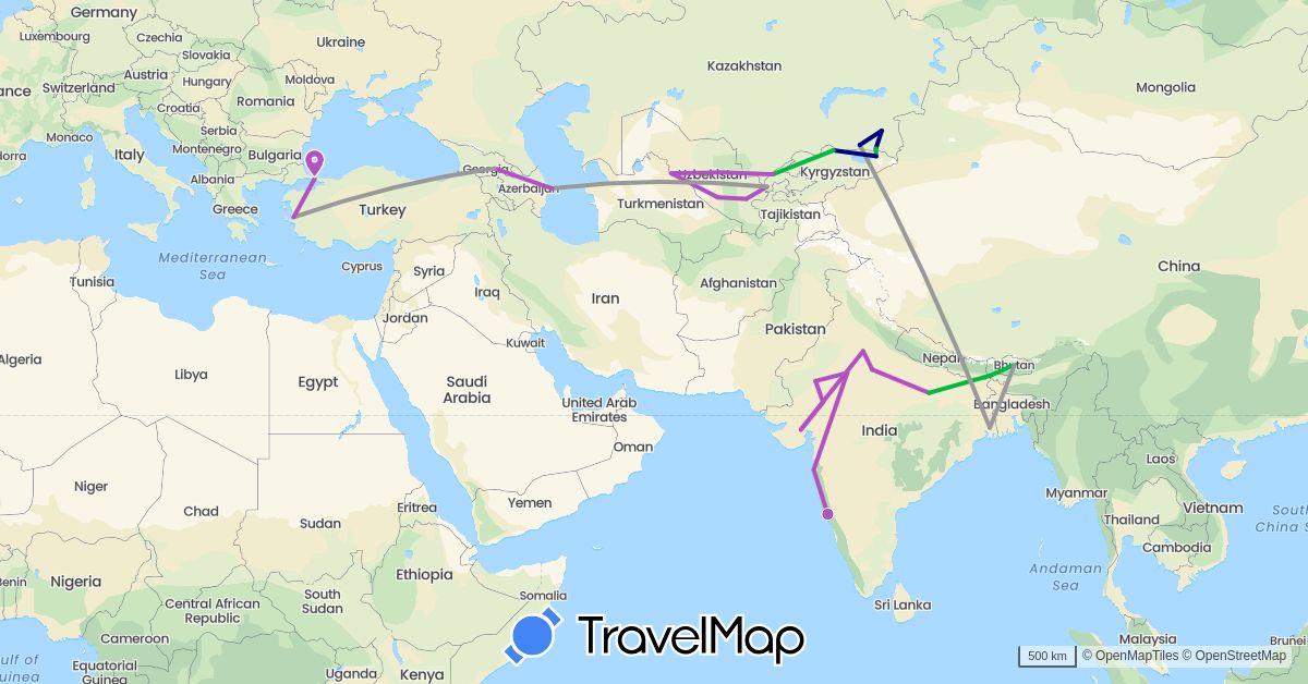 TravelMap itinerary: driving, bus, plane, train in Azerbaijan, Bhutan, Georgia, India, Kyrgyzstan, Kazakhstan, Turkey, Uzbekistan (Asia)
